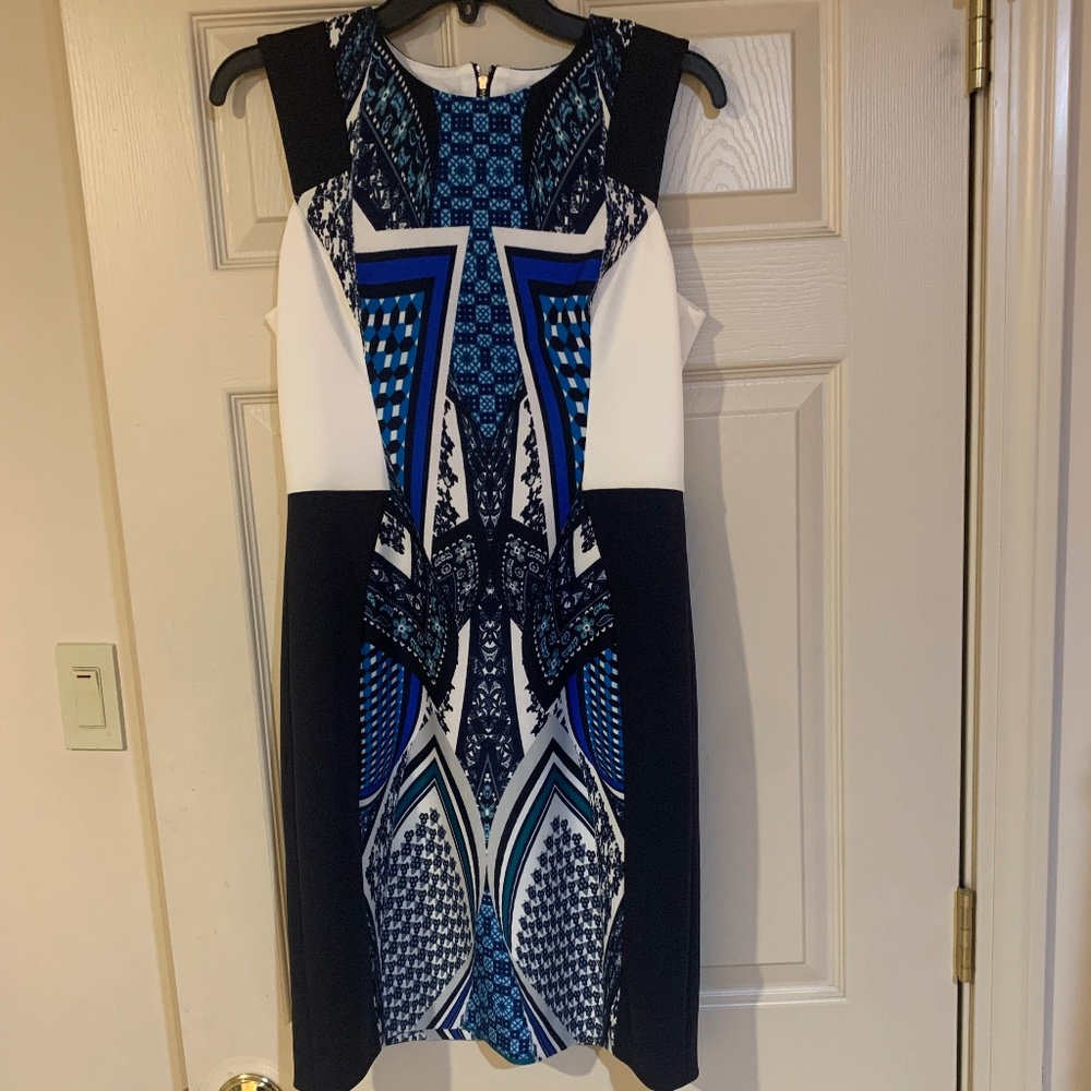 Muse Blue/Ivory Print Sleeveless Lined Dress sz 8